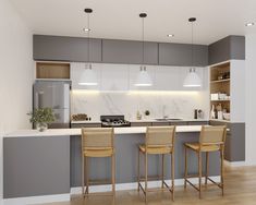 three chairs are sitting at the bar in this modern kitchen with marble countertops and gray cabinets