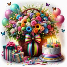 a birthday cake with flowers, balloons and gifts in front of it on a white background