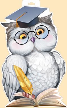 an owl with glasses and a graduation cap is holding a pen while sitting on top of a book