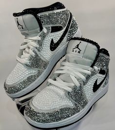 Rhinestone Jordans, Bedazzled Nikes, Rhinestone Things, Rhinestone Sneakers, Teen Prom, Jordan 1 Mids, Sneaker Ball, Casual Shoes Women Sneakers, Bedazzled Shoes