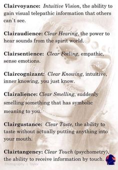 Clairvoyance, Clairaudience, Clairsentience, Claircognizant, Cclairalience, Clairgustance, Clairtangency. Clairvoyant Psychic Abilities, Psychic Development Exercises, Psychic Empath, Empath Abilities, Psychic Development Learning, Psychology Notes, Spiritual Things, Strange Facts