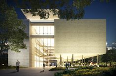 an artist's rendering of the exterior of a building with people standing outside at night