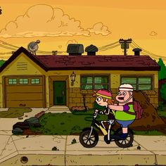 a cartoon character riding a bike in front of a house