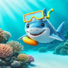 a cartoon shark with goggles on swimming in the ocean