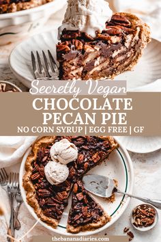 a slice of chocolate pecan pie on a plate