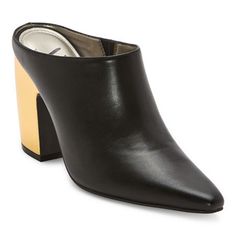 Add a chic and modern touch to any outfit with these Worthington women's Nelda slip-on mules. Made from a durable material with a rubber sole, they feature a sleek black upper with a pointed toe and a 3-inch gold-tone block heel that will standout with every step. Closure Type: Slip-OnShoe Heel Height: 3 InchesUpper/Outer Base Material: 100% PolyuretheneShoe Lining Material: PolyurethaneSole Material Content: 100% Thermoplastic-RubberToe Type: Pointed Toe, Closed ToeCare: Wipe CleanHeel Style: B Fall Evening Slip-on Mules, Chic Synthetic Slip-ons For Work, Trendy Slip-on Heels For Work, High Heel Mules With Branded Insole, Sleek Mules With Branded Insole, Sleek High Heel Mules With Branded Insole, Sleek Black Slip-on Mules, Office Slip-on Mules With Sculpted Heel, Sleek Closed Toe Mules With Branded Heel Counter