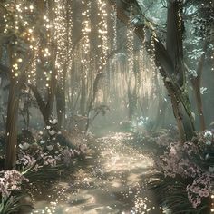 an image of a fantasy forest scene with fairy lights and flowers on the ground in the foreground