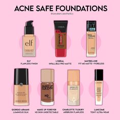 A few of my favorite acne safe foundations for acne prone skin. Acne safe means non-comedogenic and contains no pore clogging ingredients.… | Instagram Acne Prone Skin Makeup, Acne Safe Makeup, Acne Prone Skin Care Routine, Safe Makeup, Makeup Order, Best Drugstore Makeup, Makeup For Black Skin, Makeup Artist Tips