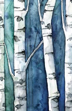 watercolor painting of birch trees with blue sky and clouds in the background by artist susan grisell