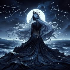 a woman with long hair standing in front of the ocean and stars above her head