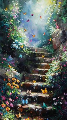 an oil painting of steps leading up to the sky with butterflies flying over them and flowers all around