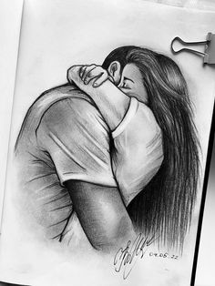 a pencil drawing of a couple hugging each other