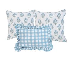 Botanical Floral Linen Ruffle Pillow Set - Harlow & Gingham Blue Transform your living space with the timeless charm of our Botanical Floral Linen Ruffle Pillow Set, exclusively designed by MissSundara. This elegant collection combines classic patterns and luxurious fabric to elevate your home decor effortlessly. Perfect for adding a touch of sophistication to your sofa, bed, or favorite reading nook, this set is a statement of style and comfort. Our set includes a trio of beautiful pillow cover France Bedroom, Ruffle Pillows, Blue Block Print, Pillow Combo, Grand Millennial, Ruffle Pillow, Coastal Grandma, Blue Block, Blue Cushions