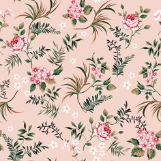 a pink floral wallpaper with green leaves and flowers