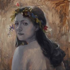 an oil painting of a woman with flowers in her hair, wearing a wreath of leaves