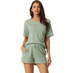 This style of sleeping shirt is easy to put on or take off, giving you a relaxed and simple dressing experience, keeping you nice and comfortable all day. Top: Waffle Tops with Round Neck and regular fit. Bottom: Shorts featured elastic waist with two side pockets. This pajama set is classy, even if a guest visits suddenly, you won't feel embarrassed, making your home life more convenient. The pajama sets can also be a perfect gift for your mom, wife, daughter, or girlfriend as loungewear, or sl Jogger Outfit Summer, Sleeping Shirt, Jogger Outfit, Loungewear Summer, Cute Sleepwear, Joggers Outfit, Matching Tees, Sleepwear Sets, Sleep Shirt