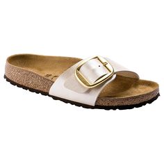 Birkenstock Madrid Big Buckle Slide Sandal  An oversized buckle adds elevated style to the Madrid, showcasing the comfortable single-strap design crafted from genuine leather.  Good to Know Madrid, Birkenstock, Birkenstock Colors, Madrid Big Buckle, Birkenstock Madrid Big Buckle, Fashion Shoes Sandals, Birkenstock Madrid, Birkenstock Gizeh, Slide Sandals