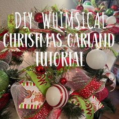 a christmas wreath with red and green ornaments on it that says diy whimsical christmas garland