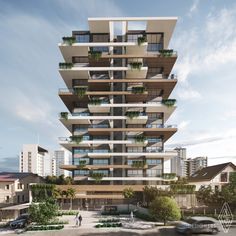 an artist's rendering of a tall building with balconies and plants on it