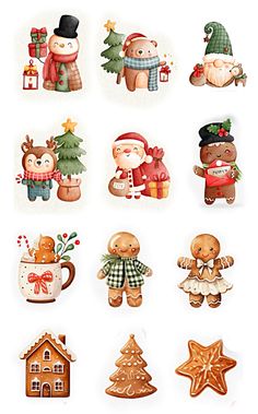 christmas cookies and decorations are arranged on a white background