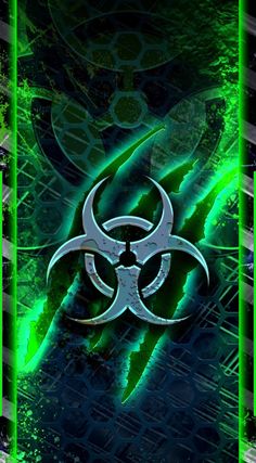 a green and black poster with a biohazard symbol on it's side