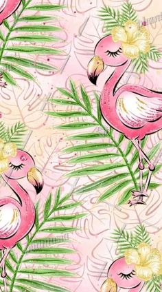 pink flamingos and palm leaves on a pink background