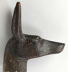 an old wooden dog head mounted on a wall