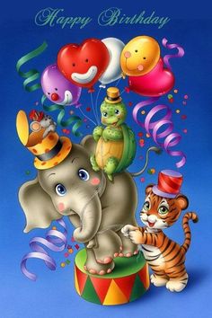 there are many balloons and animals on top of the elephant