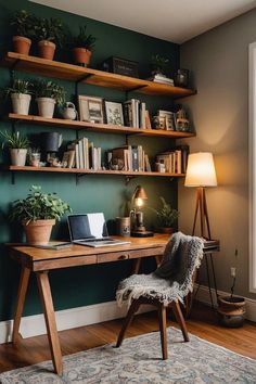 a home office with green walls and shelves filled with potted plants on the desk