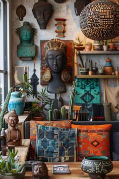 a room filled with lots of different types of pillows and vases on top of a wooden table