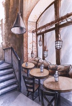 this is a drawing of a restaurant with tables and chairs in front of the stairs