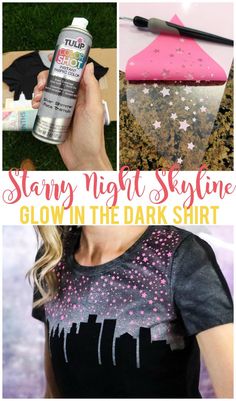 a collage of photos showing how to make glow in the dark shirts