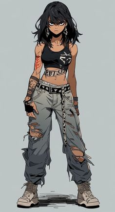 a drawing of a woman in ripped jeans with tattoos and piercings on her arm