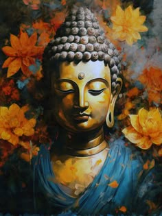 a painting of a buddha statue surrounded by flowers