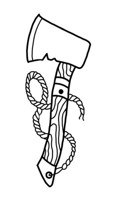 a black and white drawing of a hammer with rope wrapped around it's handle