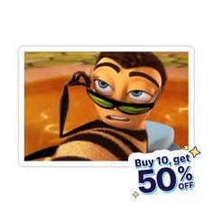 a sticker with an image of a cartoon character wearing goggles and looking at the camera