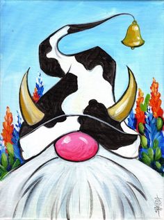 a painting of a black and white cow with horns