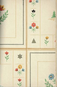 four squares with flowers and birds on them, all in different colors or shapes are shown