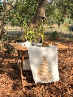 a table with food on it under a tree