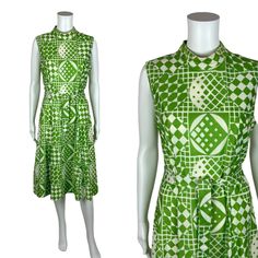 Vintage 70s Mod Dress Women's Medium Green Geometric Print Babydoll Mockneck Shift Dress zips up the back and has a matching tie belt. LABEL: - FABRIC: feels like polyester/nylon MARKED VINTAGE SIZE: 16 SHOULDERS: 14.5" BUST: 37" WAIST: 31" HIPS: 45" LENGTH: 43" CONDITION: great, see photos- discolored spot on front bodice and 2 on front skirt, yellowing on inside collar and a little visible on the outside collar PINNED TO MODEL?: no ☝For reference Mod's measurements are S 11", B 32.5", W 24", H 70s Mod, Mod Dress, 2 On, Tie Belt, Geometric Print, Vintage 70s, Shift Dress, Mock Neck, Vintage Dresses