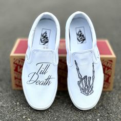 wedding shoes for brides Converse Shoes Collection, Bachelorette Bags, Slip On Shoes For Women, Wedding Vans, Dark Wedding Theme, Vans Slip On Shoes, Halloween Shoes, Dark Wedding, Future Wedding Plans