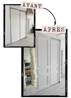 an open closet door with the words avant apres above it and two pictures of doors