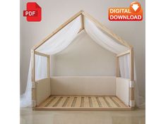 the bed is made out of wood and has white drapes on it's sides