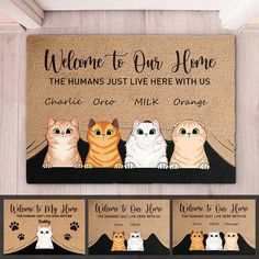 welcome to our home door mat with three cats