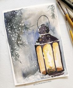 a watercolor painting of a lantern in the snow