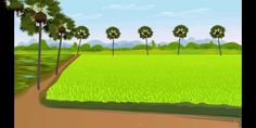 an animated view of a green field with trees