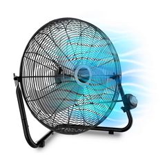 an electric fan on a white background with blue light coming from the top and below it