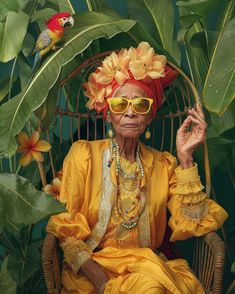 an old woman sitting in a wicker chair with flowers on her head and wearing sunglasses