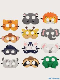 a group of masks with different designs on them, all in different colors and shapes