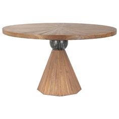 a round wooden table with metal legs and an iron base, on a white background